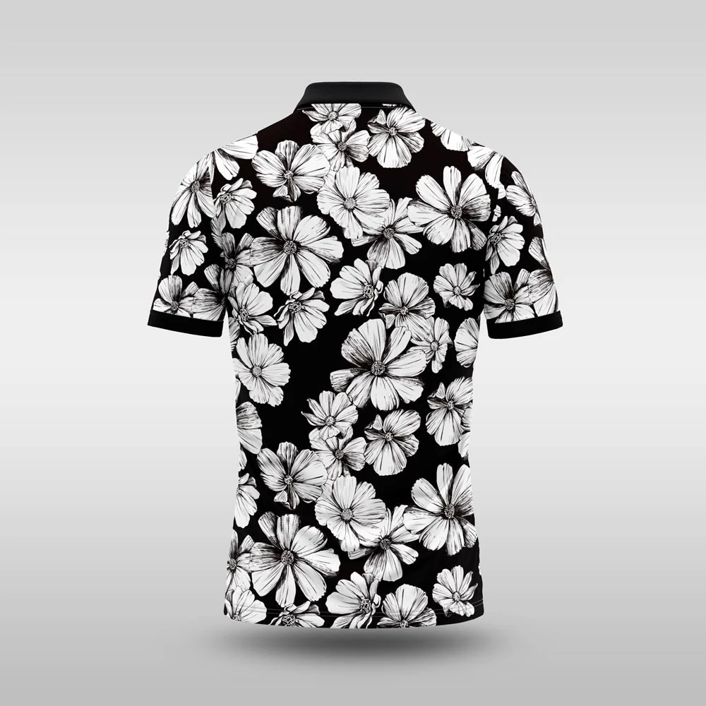 Monochrome Mens Golf Shirt - Black Floral - Image 2